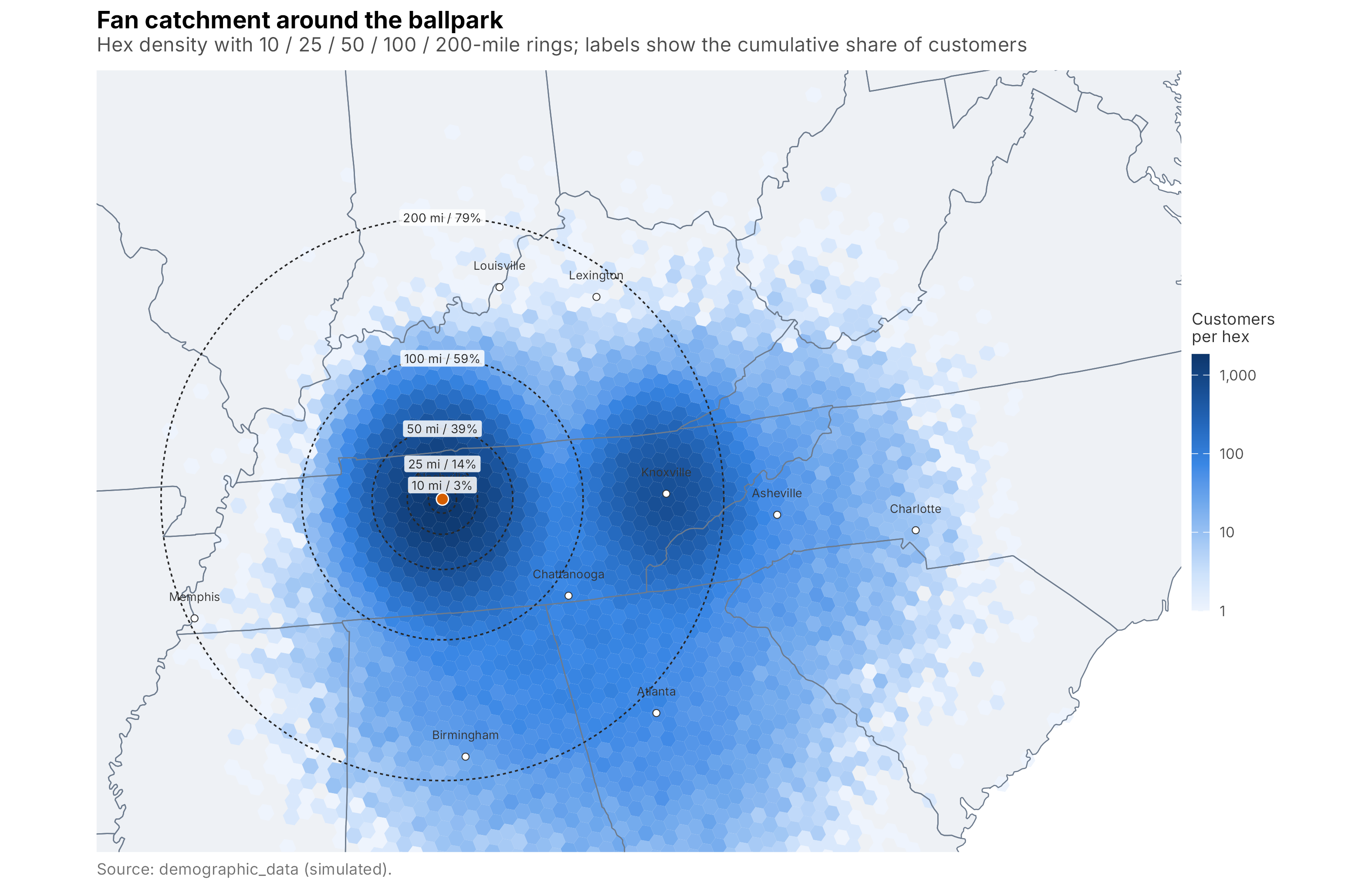 Fan catchment: distance rings from the ballpark