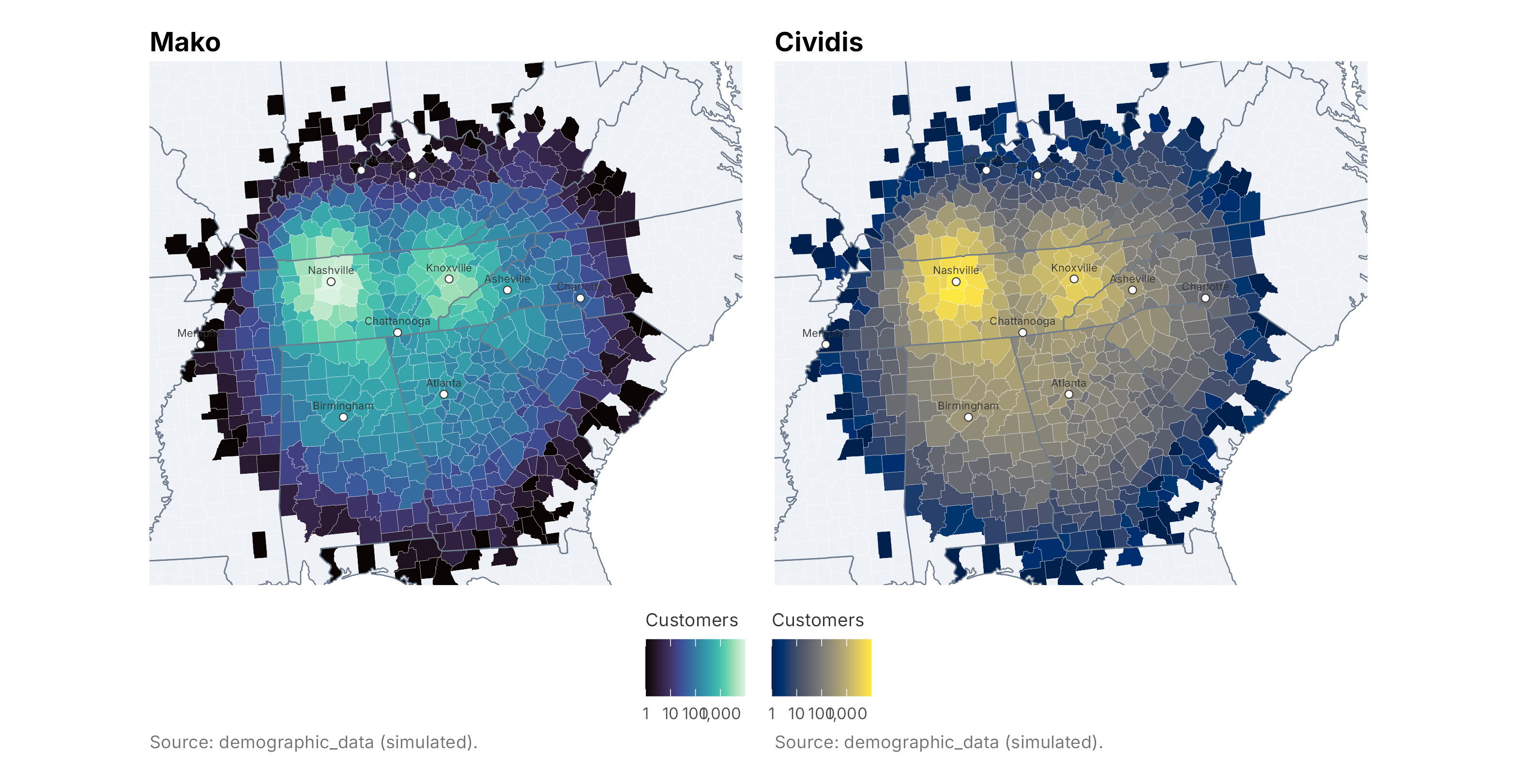 The same county-count map with two viridis color schemes