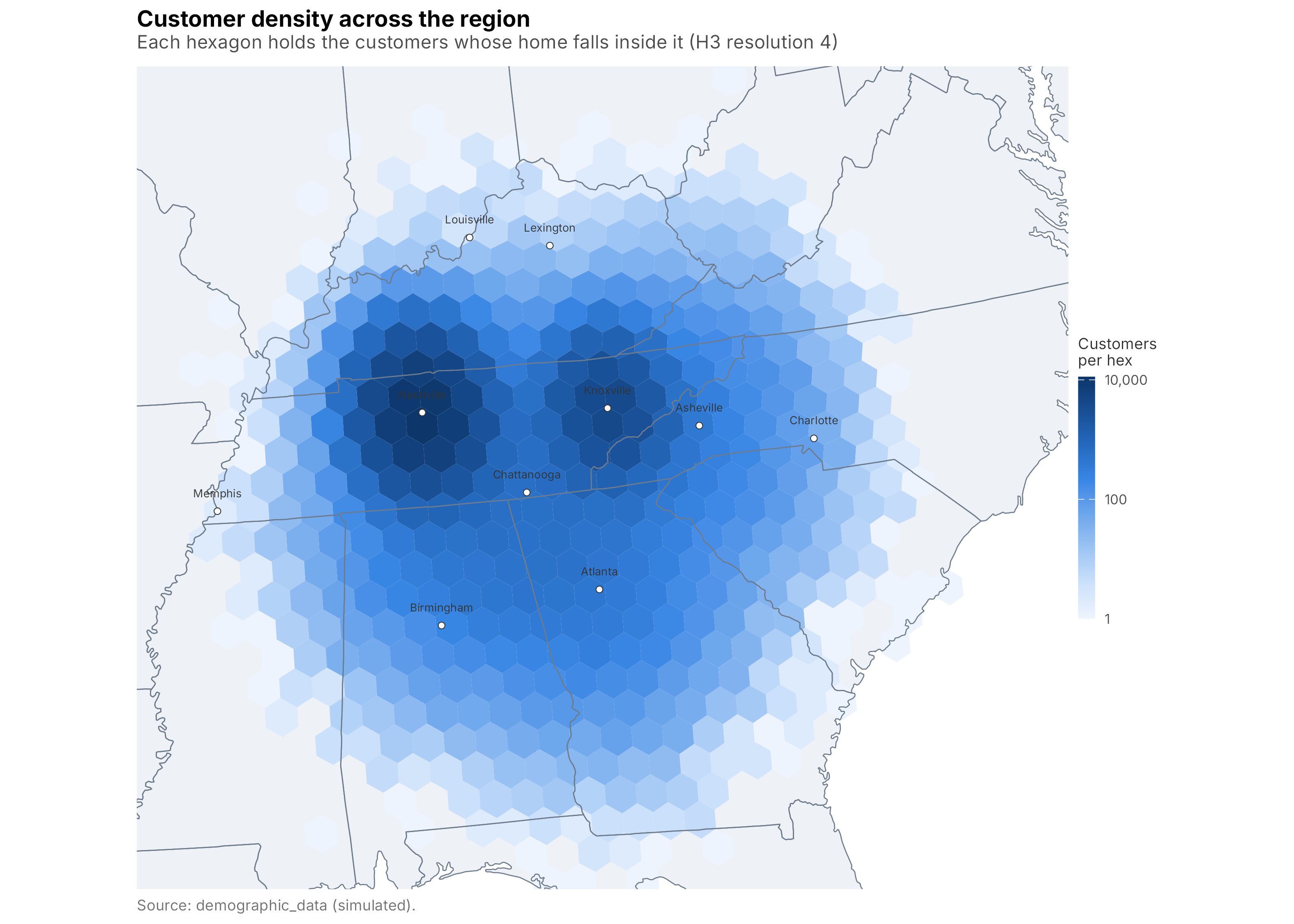Customer density on an H3 hexagonal grid, regional view