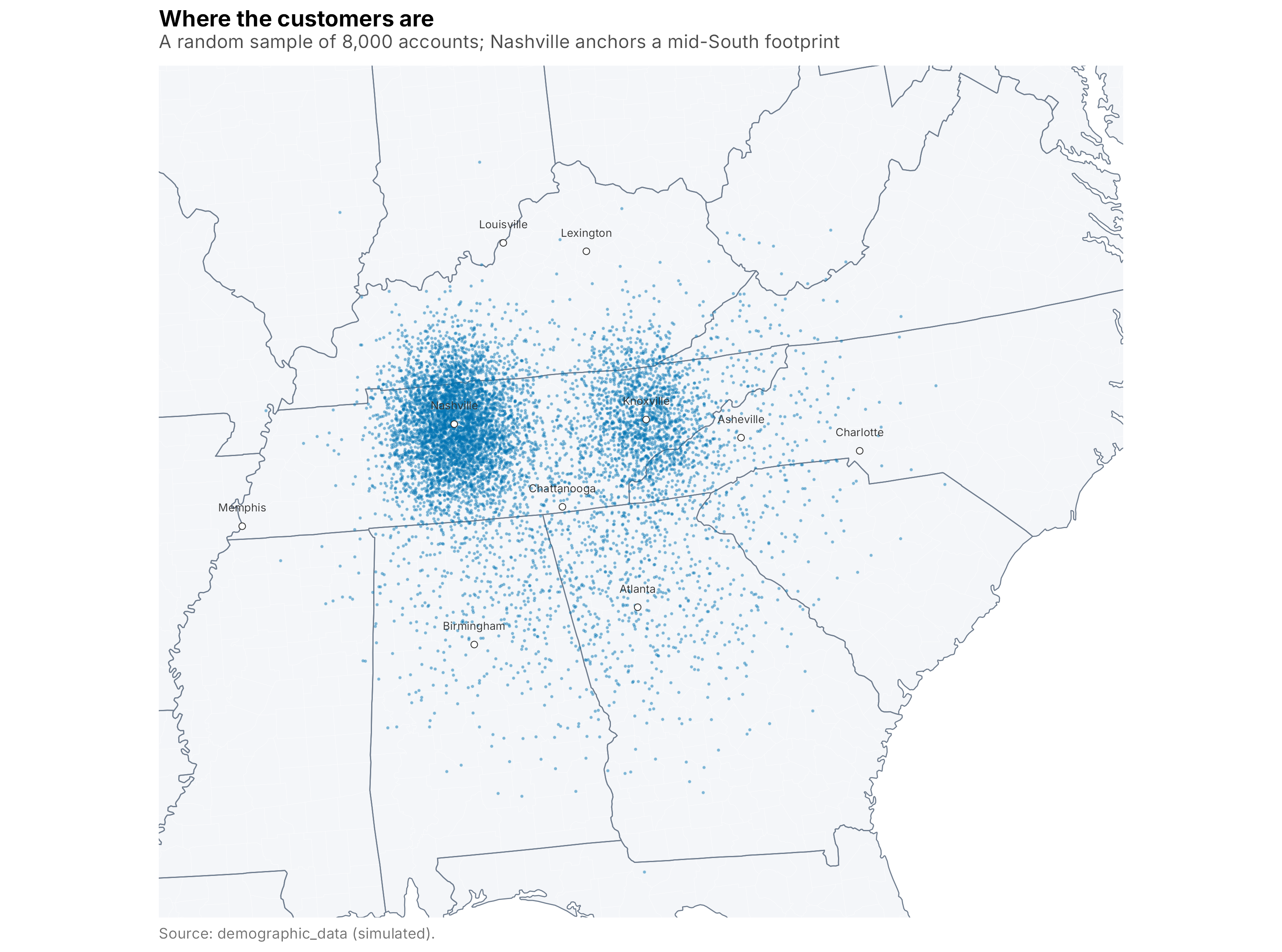 A sample of customers as points over the region